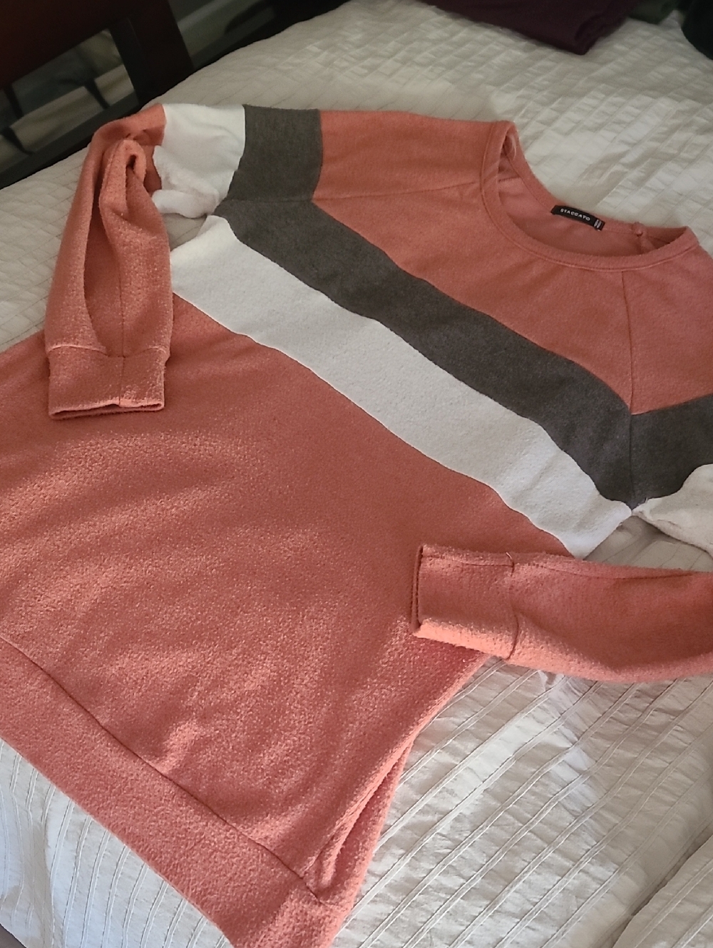 Coral Crewneck Sweater with White and Gray Stripes